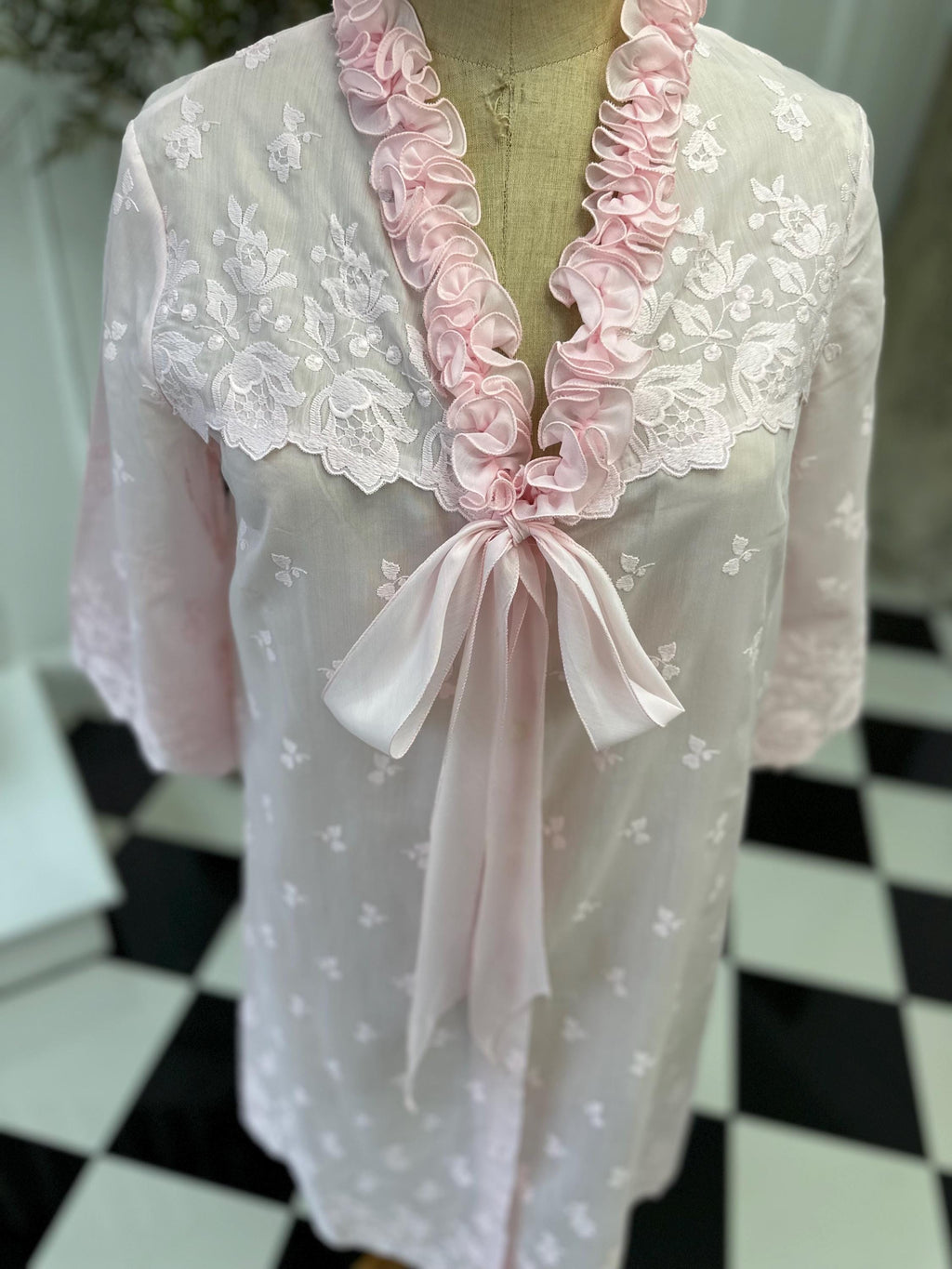 Vintage 1970 Pink Babydoll Gown Playful Ruffles Floral Embroidery