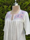 1940s Hand Embroidered Cotton Dress: Vintage Needlework Lace Trim