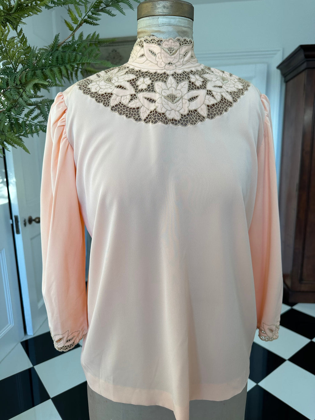 Vintage peach cut out lace high neck blouse