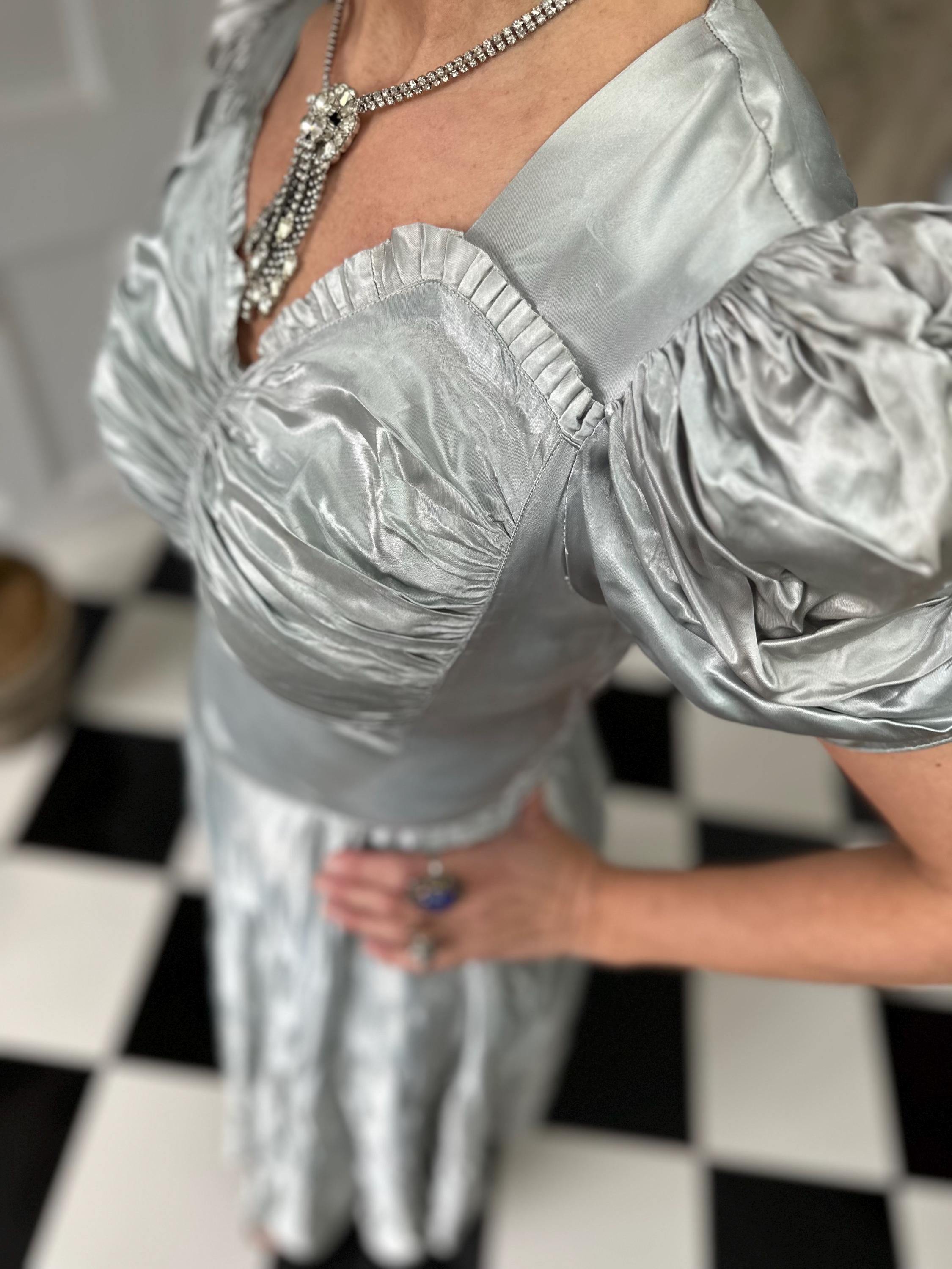 1930s long satin grey evening gown dress