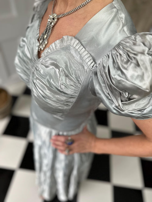 1930s long satin grey evening gown dress