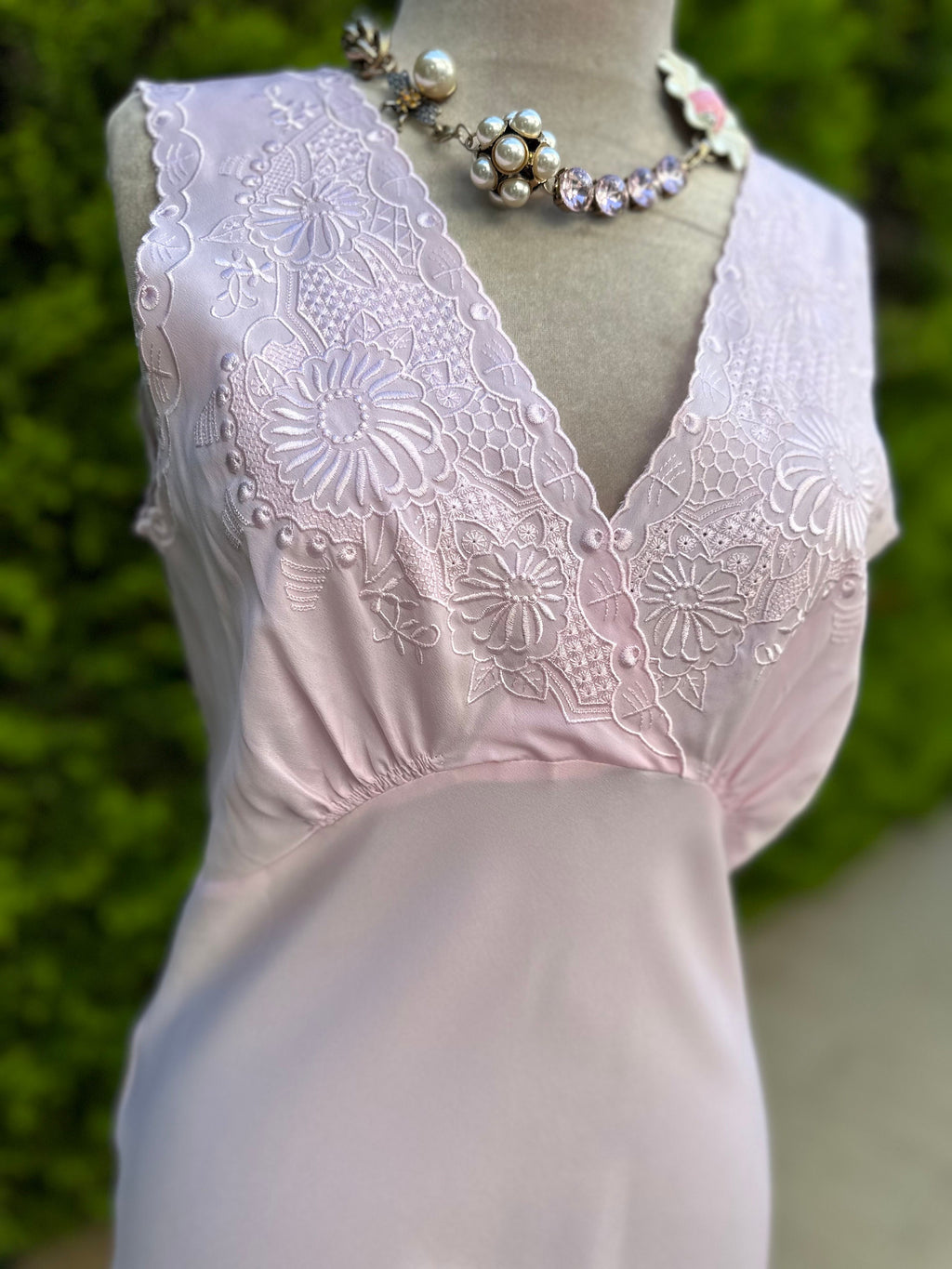 1970 Vintage long pink slip dress with a crossover top with embroidery details