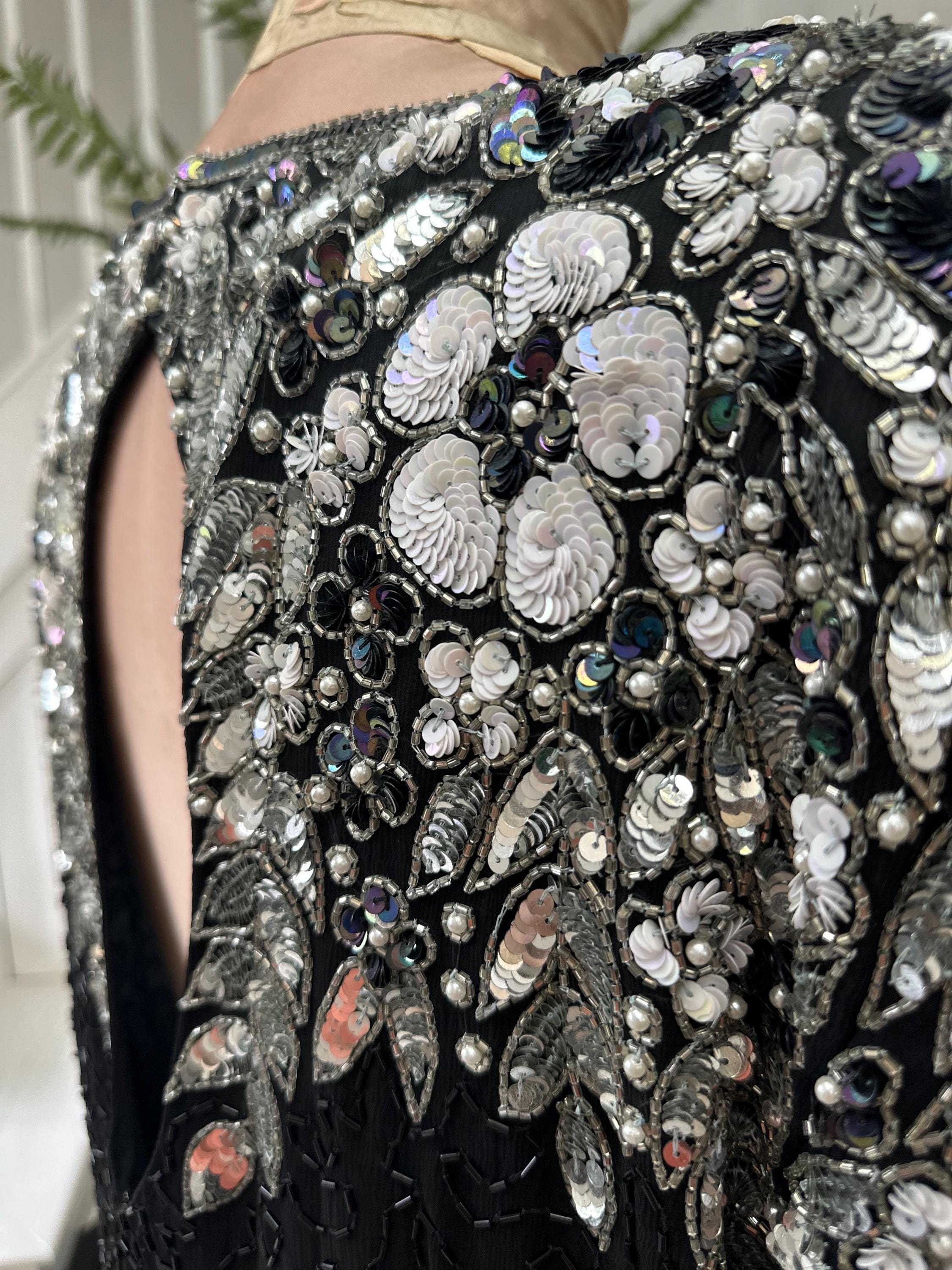 1980s black and silver beaded black tie party dress