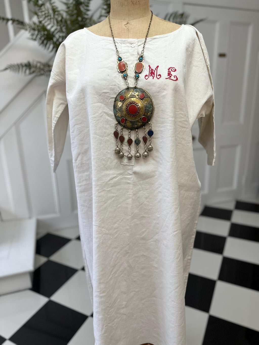 1800s antique French  hemp linen smock dress  monogram ML