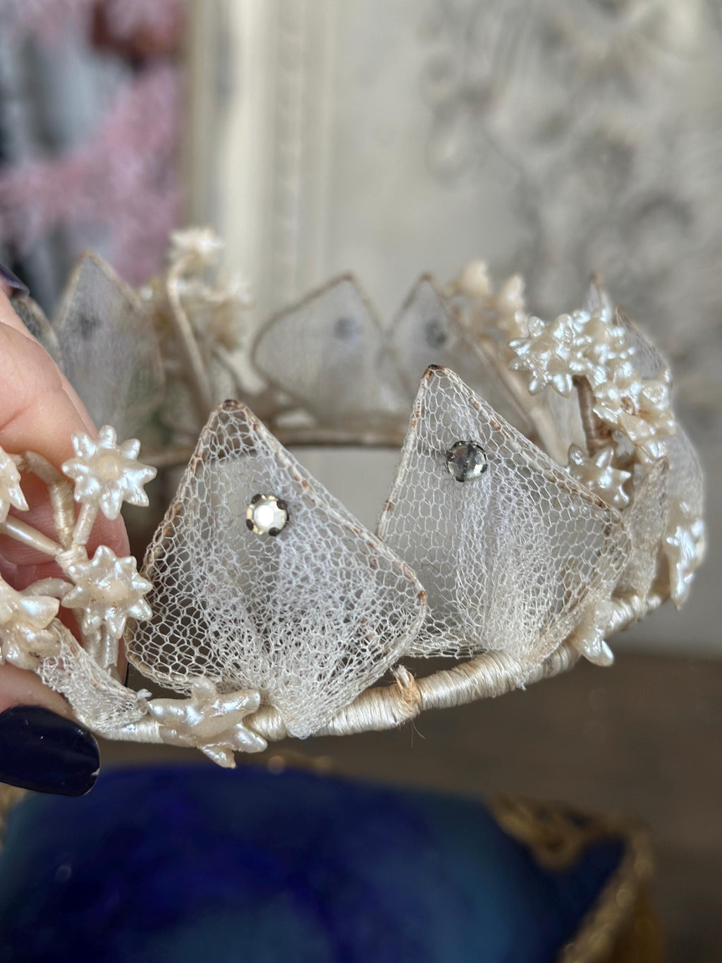 Antique 1940s  Floral Wax Tiara with tulle