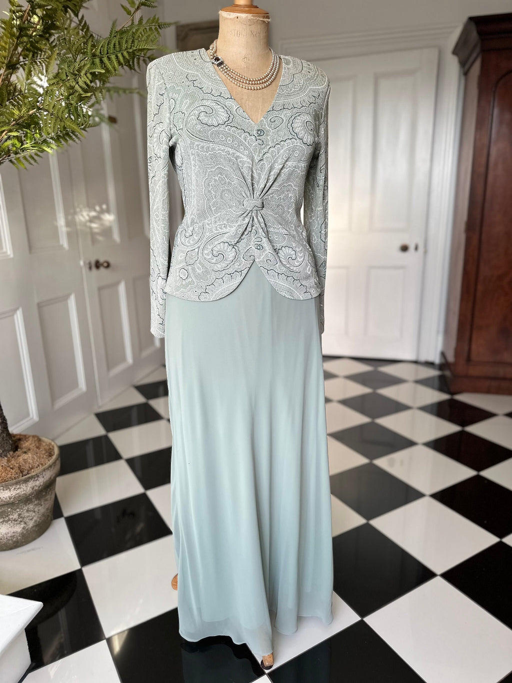 1970s Sage green dress blouse and skirt