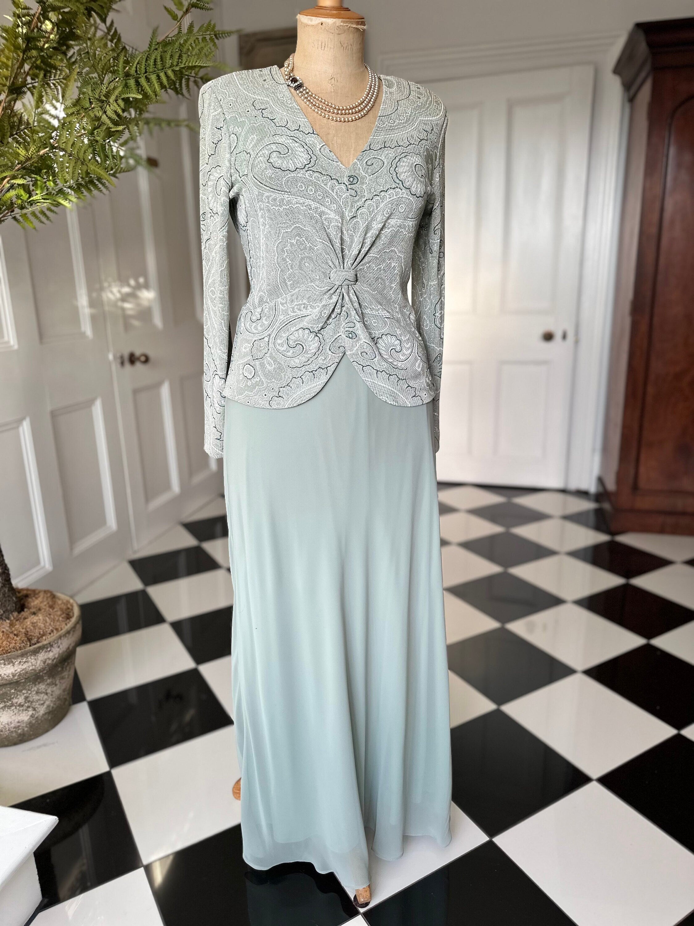 1970s Sage green dress blouse and skirt