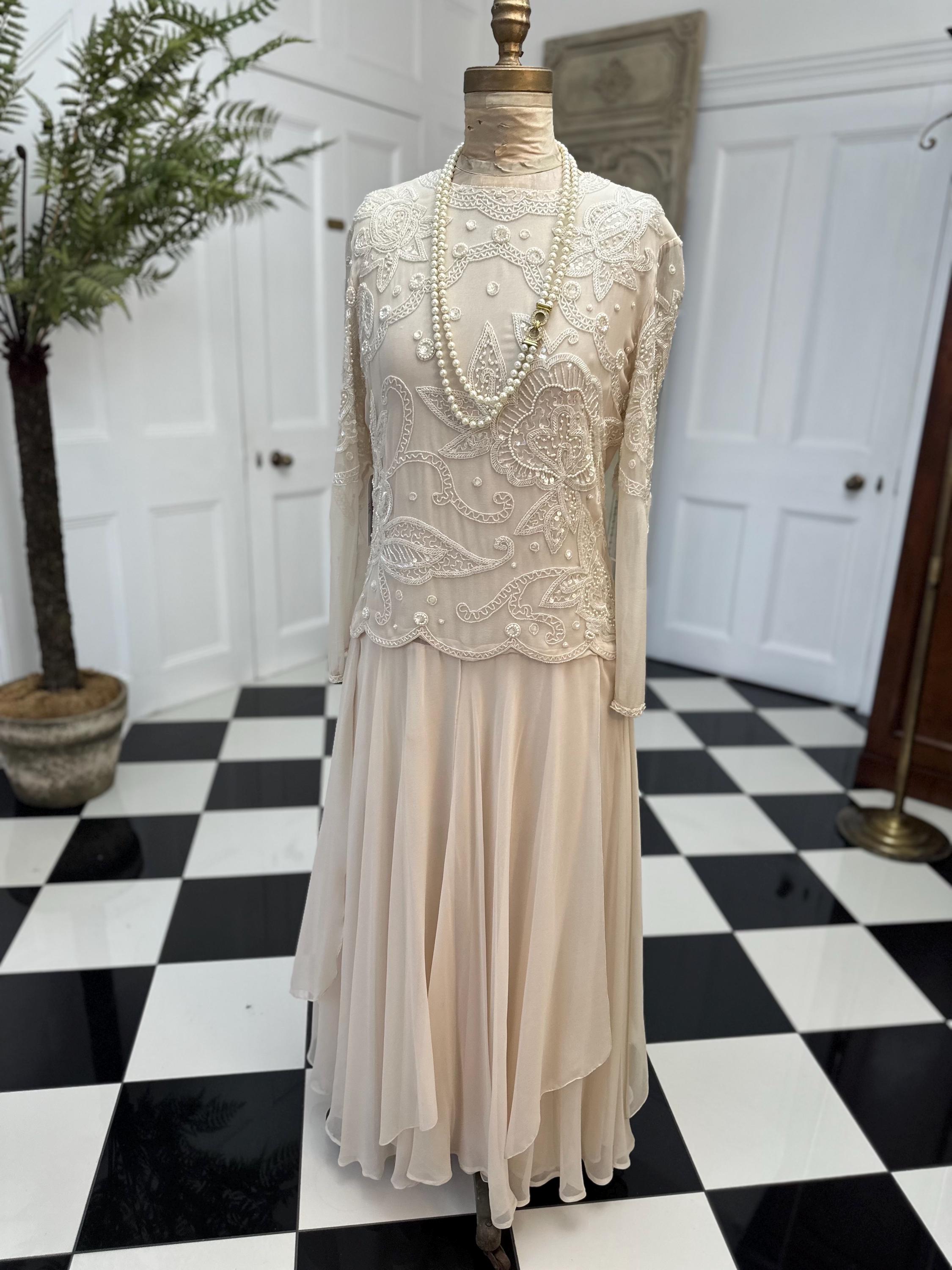 Vintage very pale pink silk party dress with beaded details