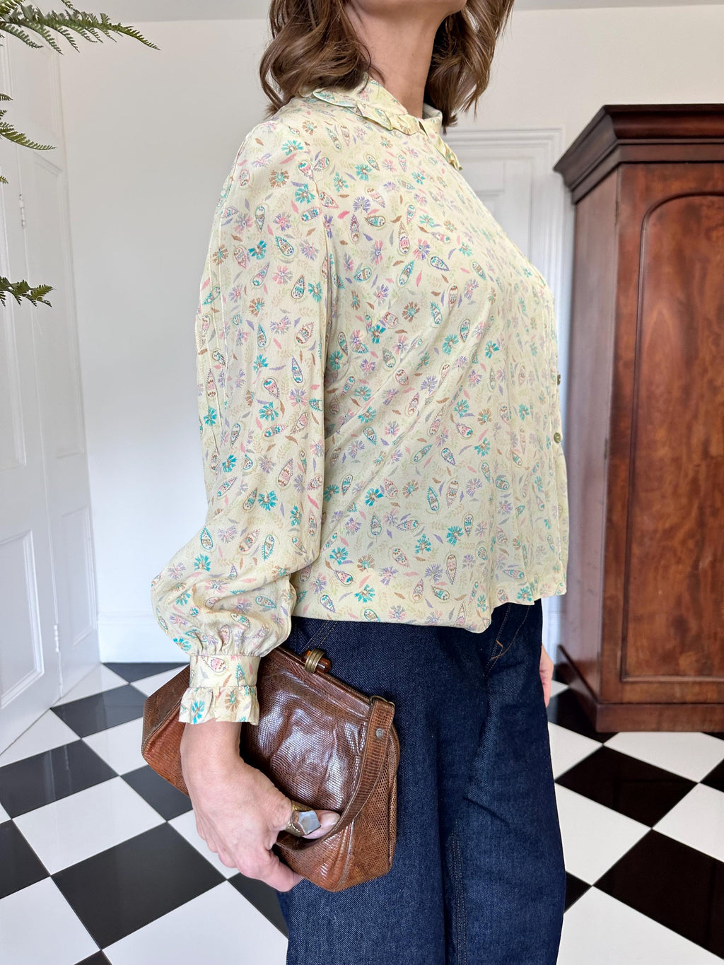 1970 Patel colours silk paisley blouse with ruffle collar and cuff