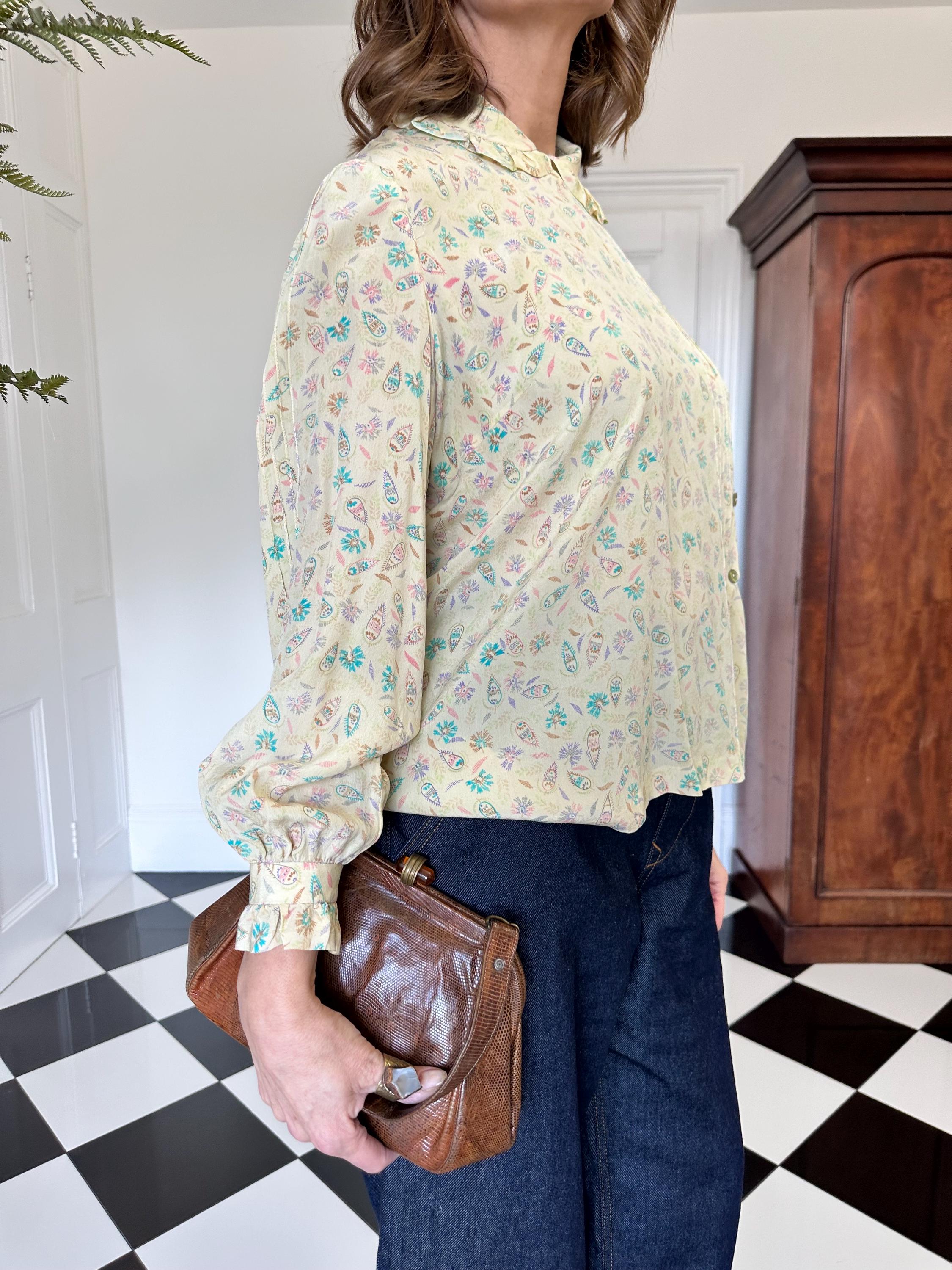 1970 Patel colours silk paisley blouse with ruffle collar and cuff