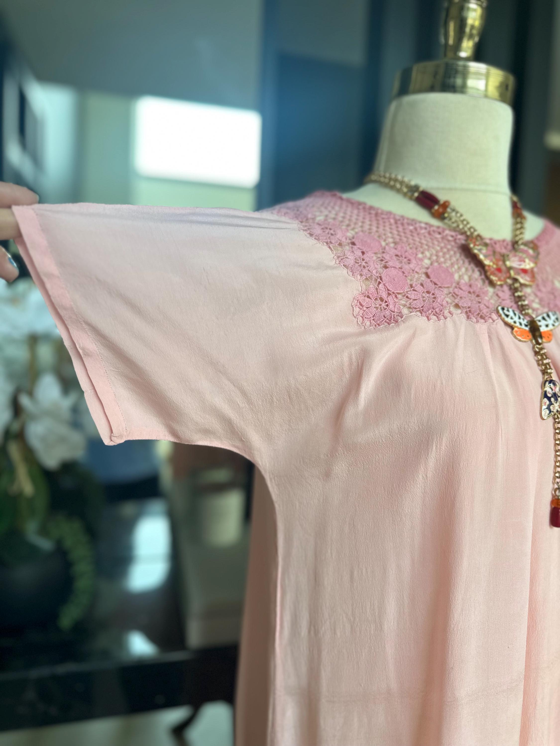 1940s Pink Silk Maxi Dress – Embroidered Crochet Neckline, Flutter Sleeve Gown