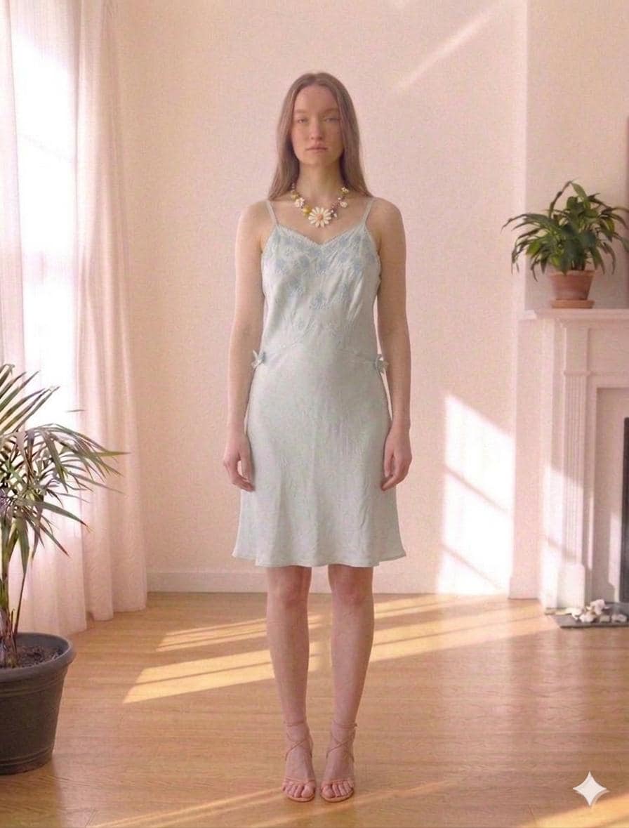 1940 Pale blue slip dress hand embroidery details