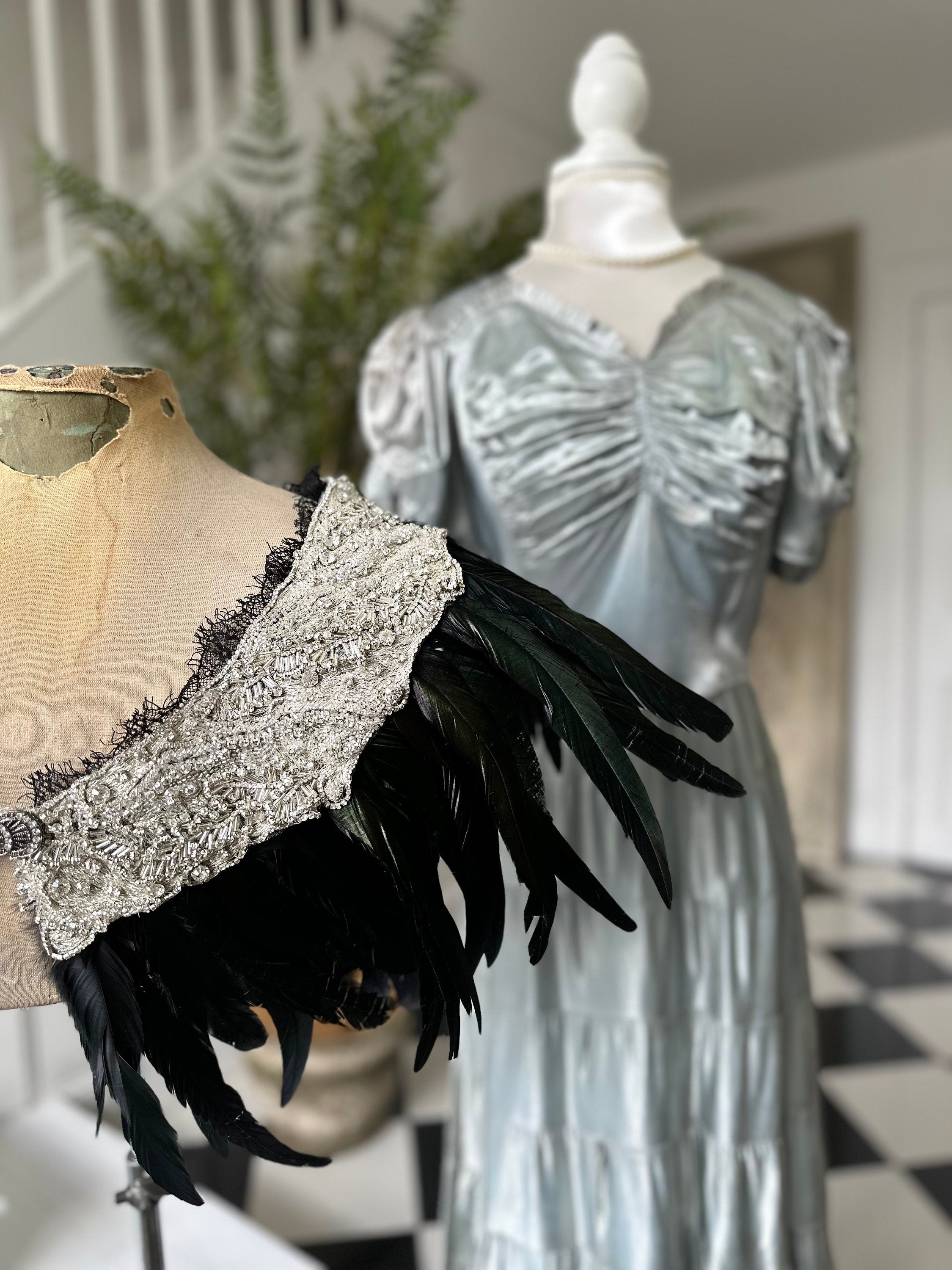 1920s 1930s vintage style feather cape with embellished and dark green cape shawl