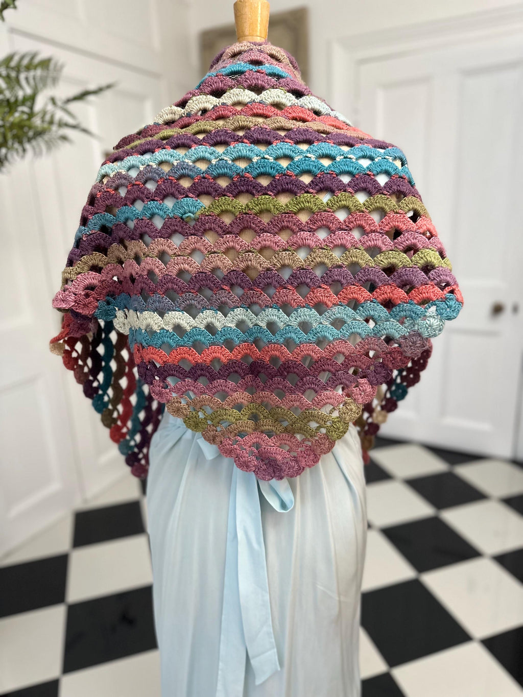 1970s Vintage hand knitted multi coloured shawl