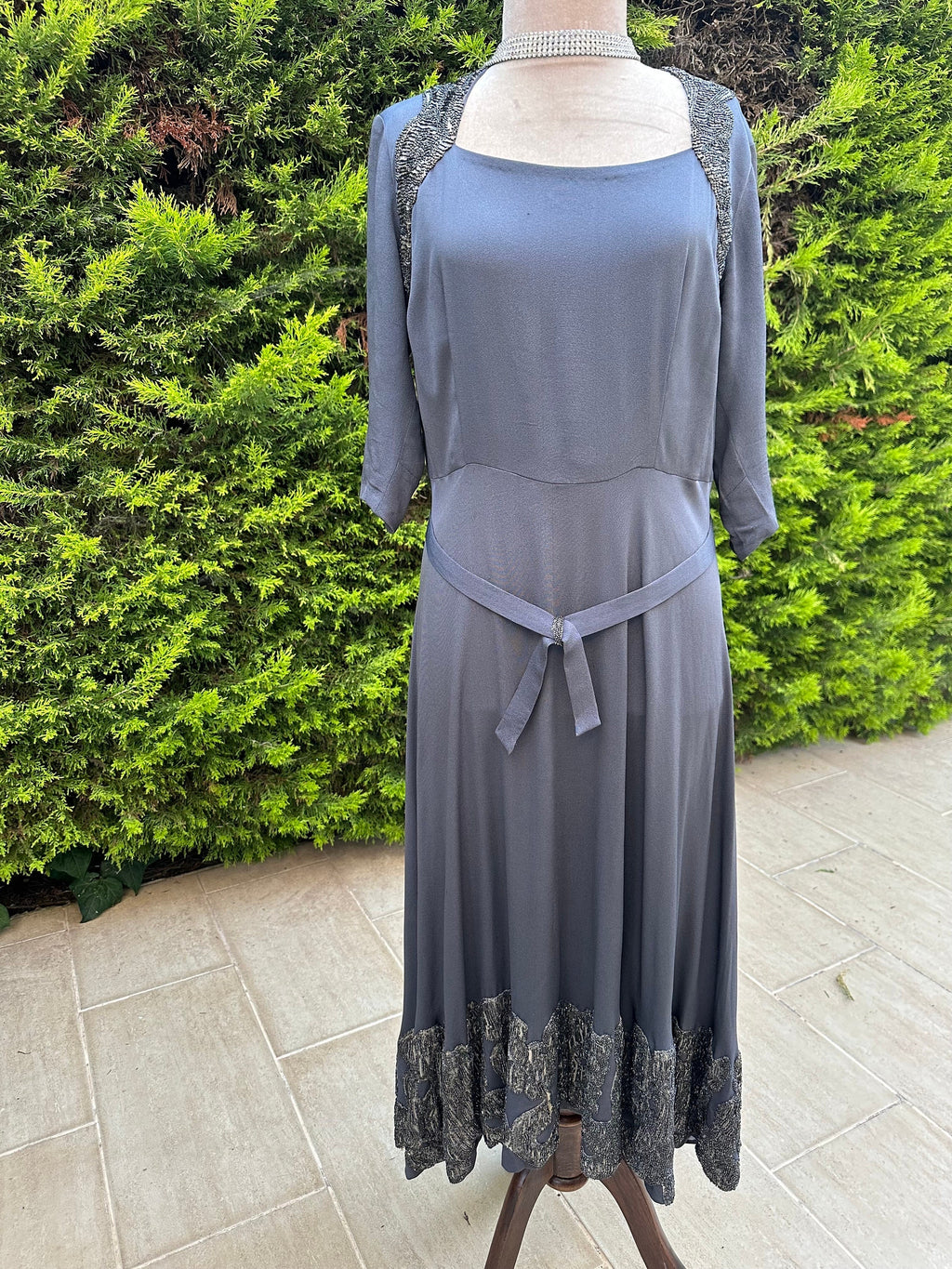 1940s Silk grey beaded cocktail dress party dress