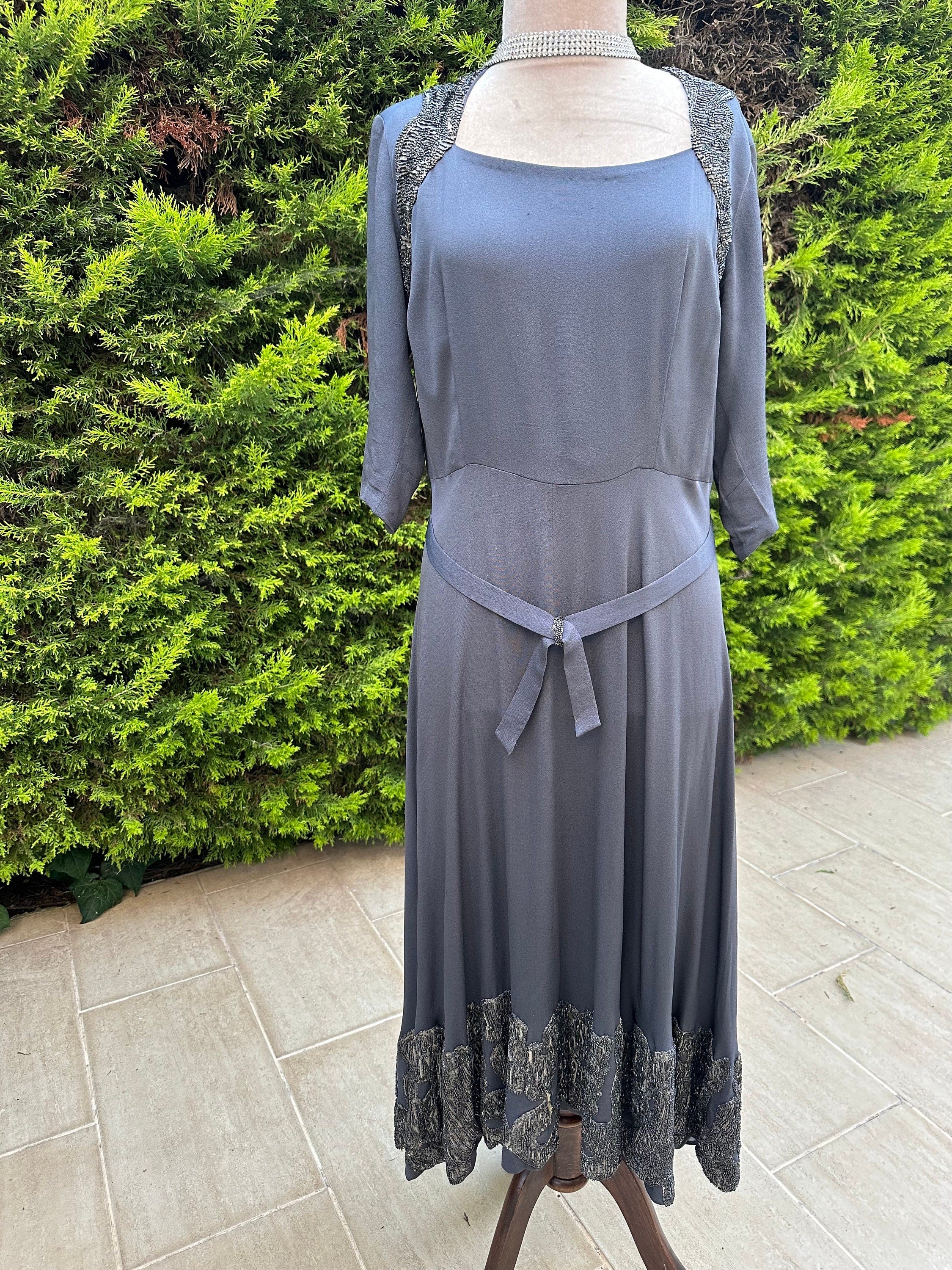 1940s Silk grey beaded cocktail dress party dress