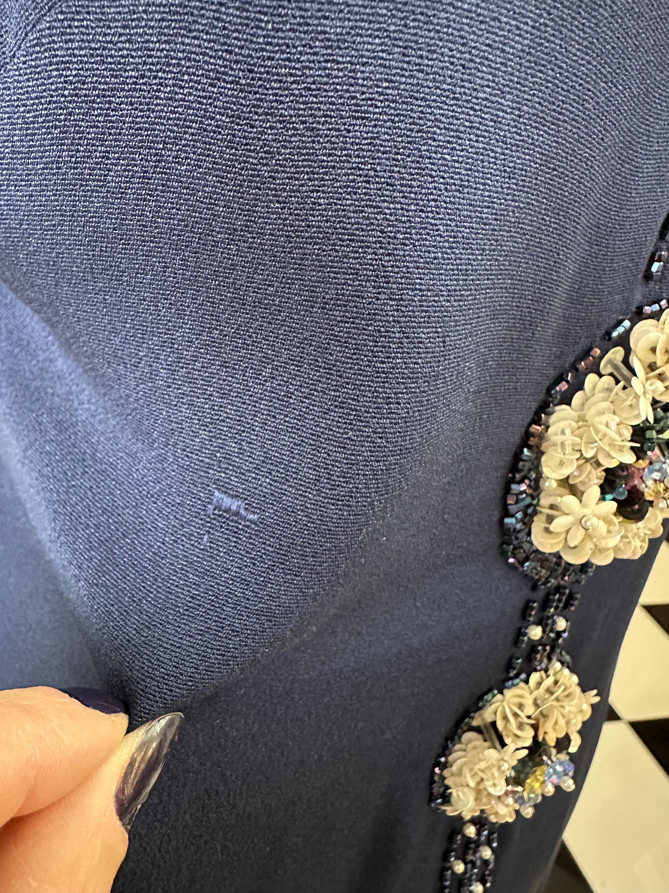 1970s Navy blue silk sequin and beaded knee length evening dress
