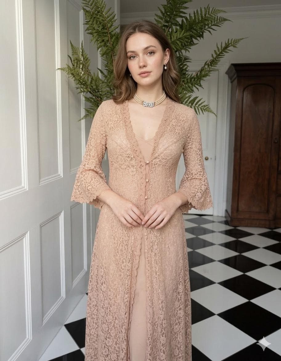 1970s Beige sheer lace peignoir robe with bell sleeves