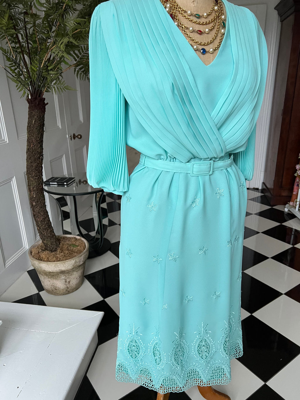 1980s Turquoise Pleated Dress: Vintage Embroidered Hem