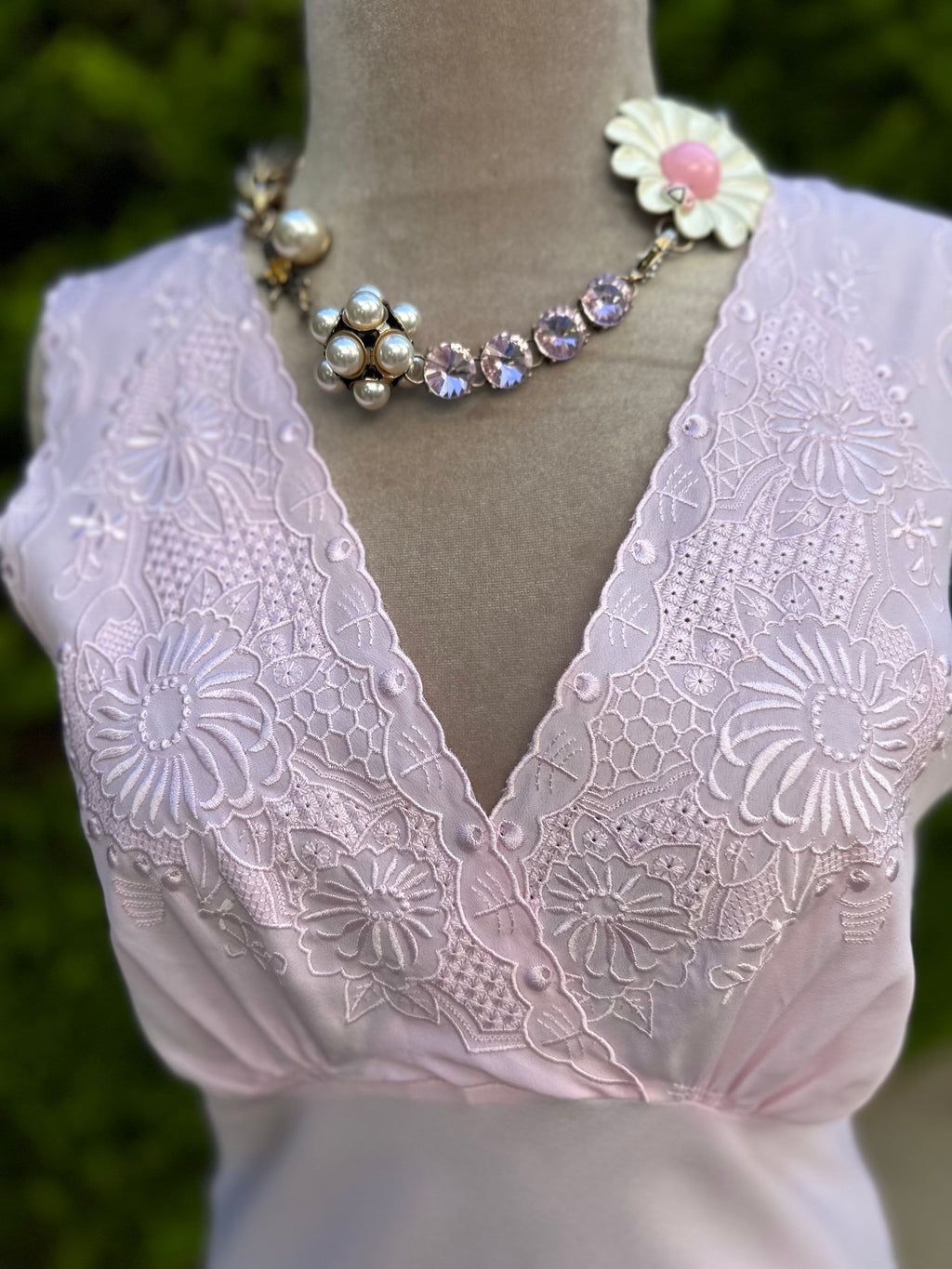 1970 Vintage long pink slip dress with a crossover top with embroidery details