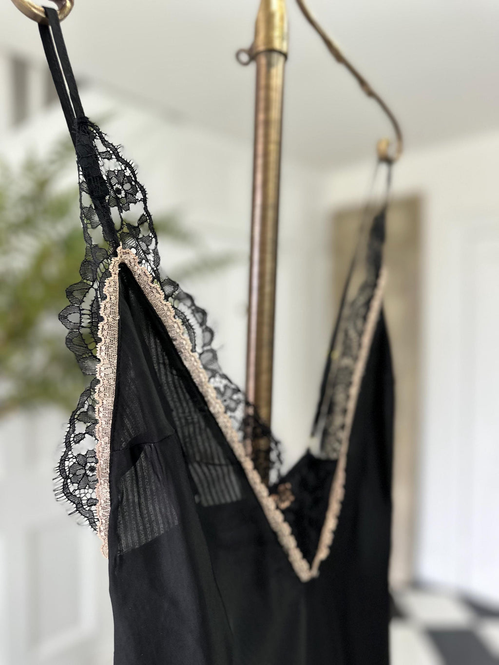 Vintage style black plunge neck lace slip dress Pierre Cardin. Extra small size