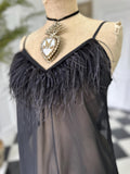 Vintage inspired black sheet chiffon high low slip dress with ostrich feather