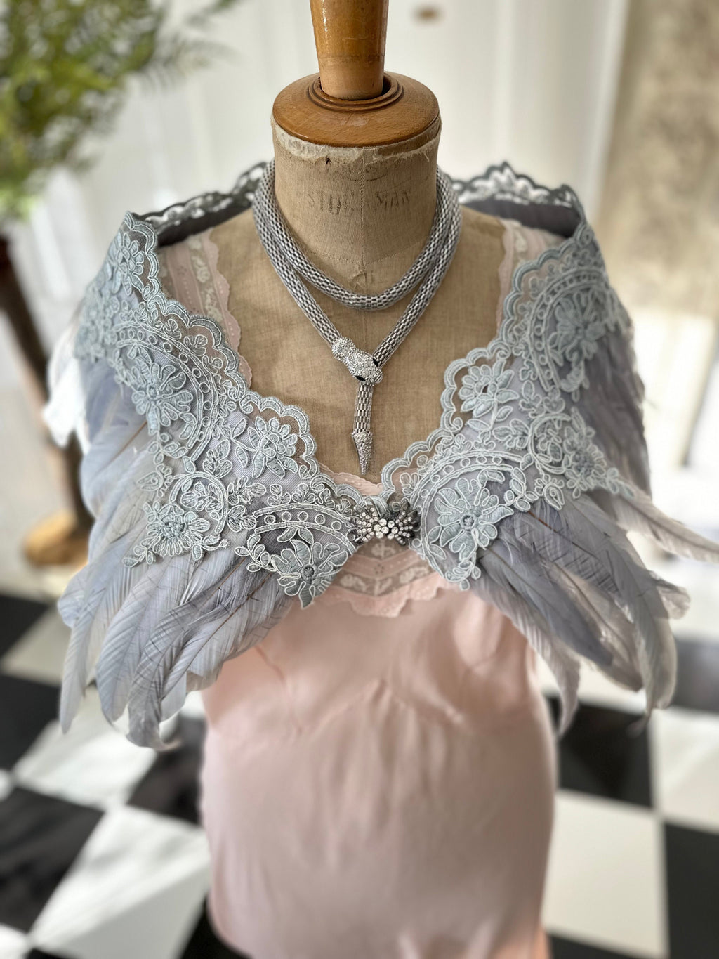 1920s 1930s Vintage style grey feather and lace cape bolero