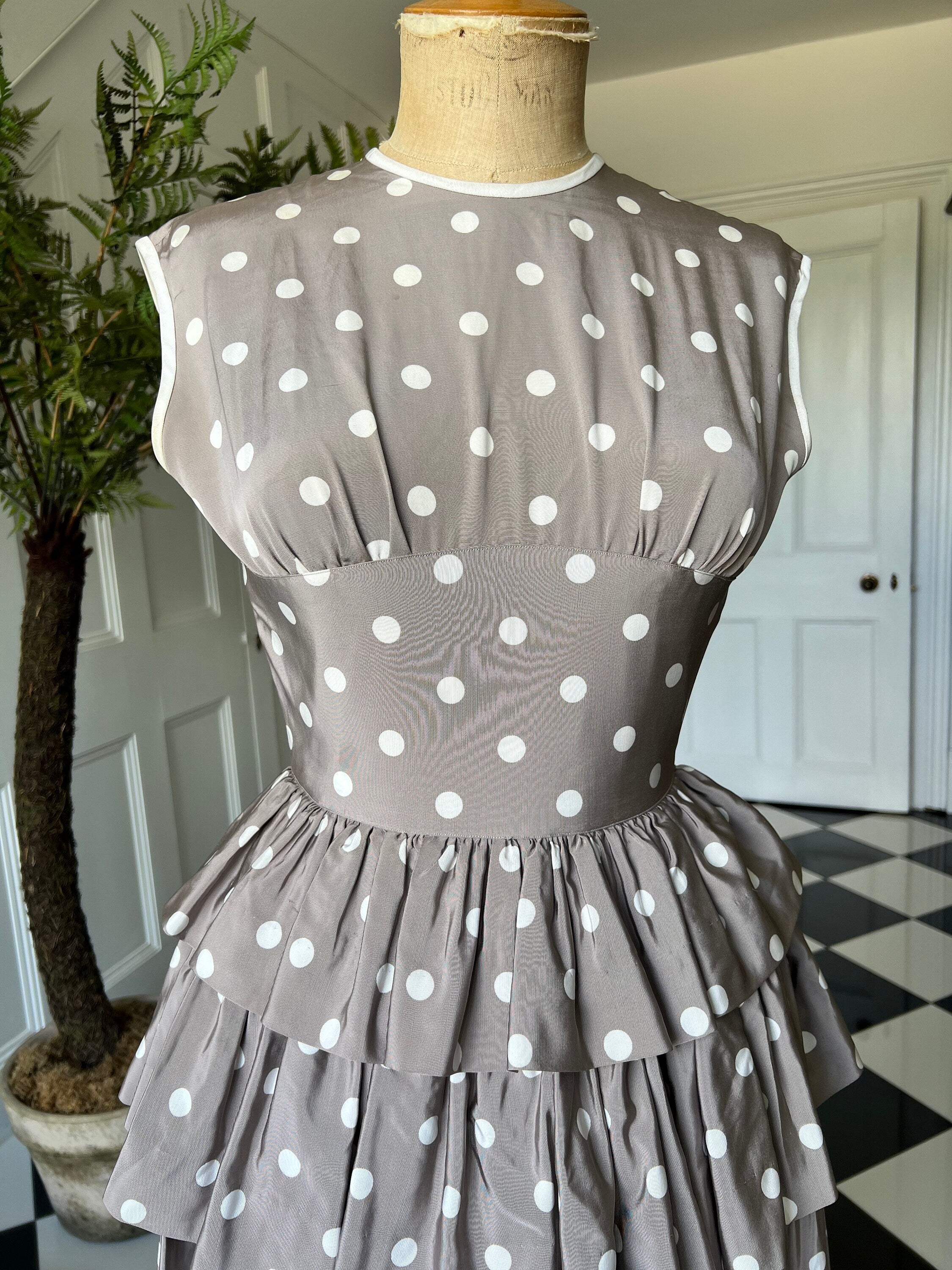 1950s mink and  white  silk tafetta polka dot ruffle skirt dress