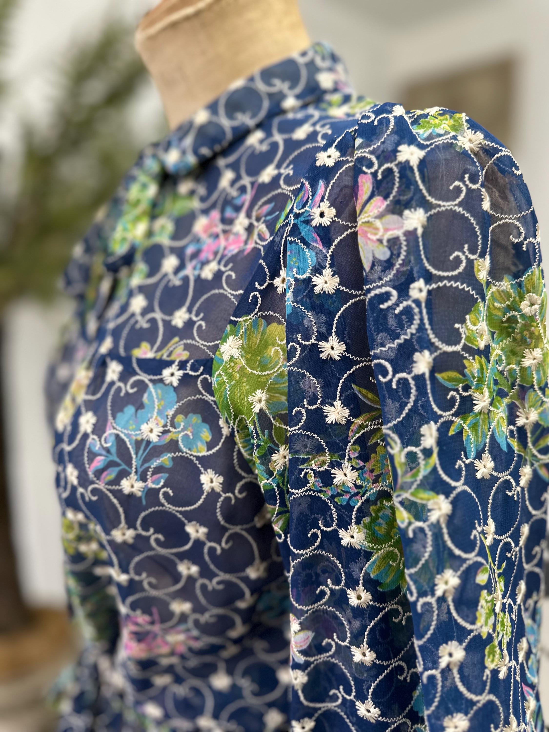 1970s Vintage Organdie Dress: Blue Green Floral Embroidered Long Sleeve