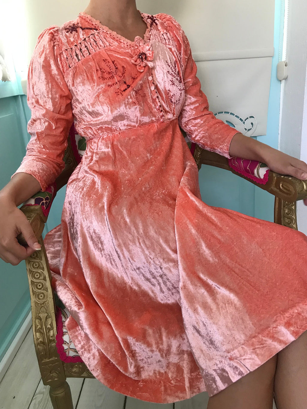 1940s Peach silk velvet dress