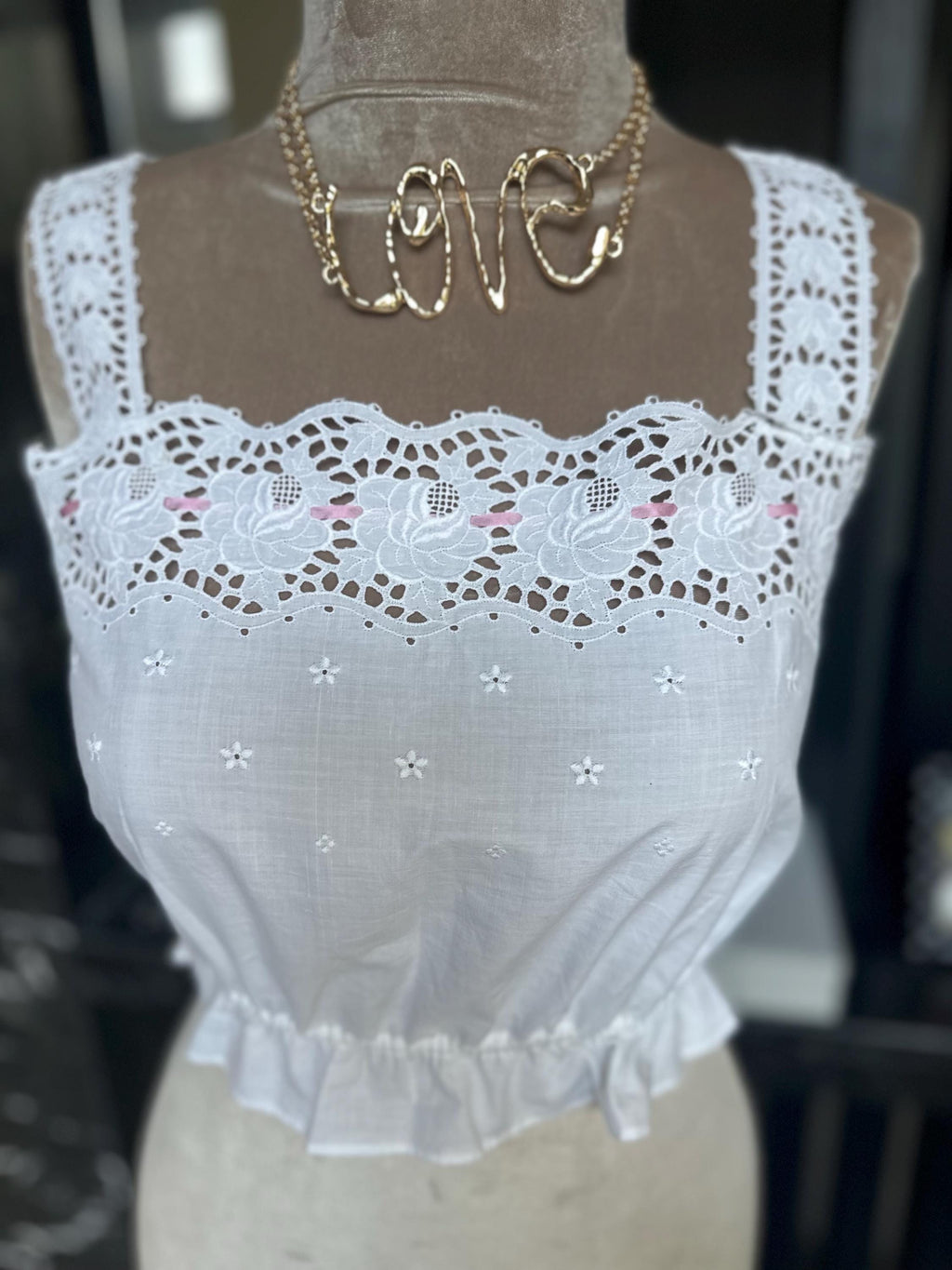 The "Petal & Lace" Archive Top – Rare 1930s Cotton Eyelet Camisole with Pink Silk Ribbon