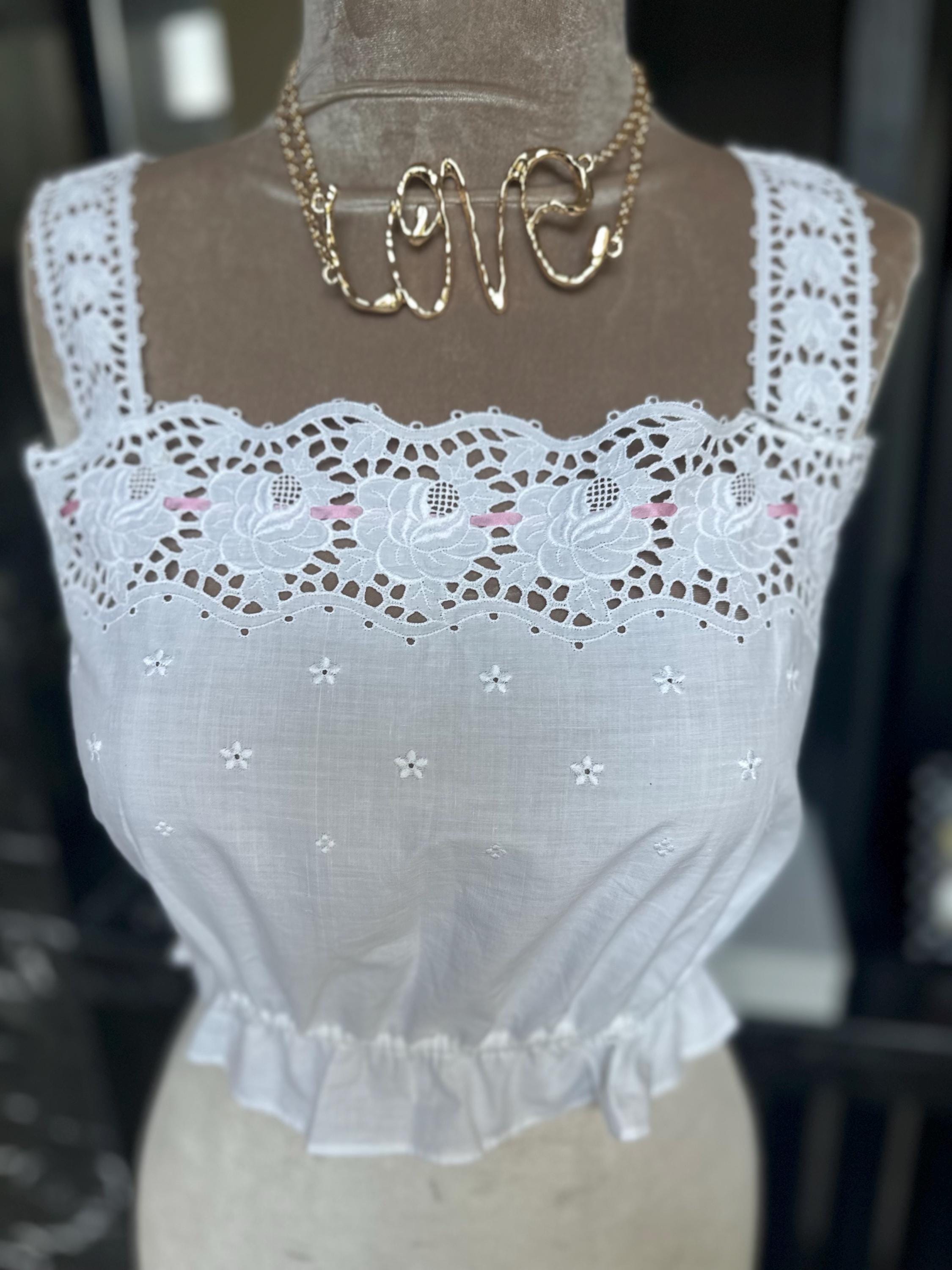 The "Petal & Lace" Archive Top – Rare 1930s Cotton Eyelet Camisole with Pink Silk Ribbon