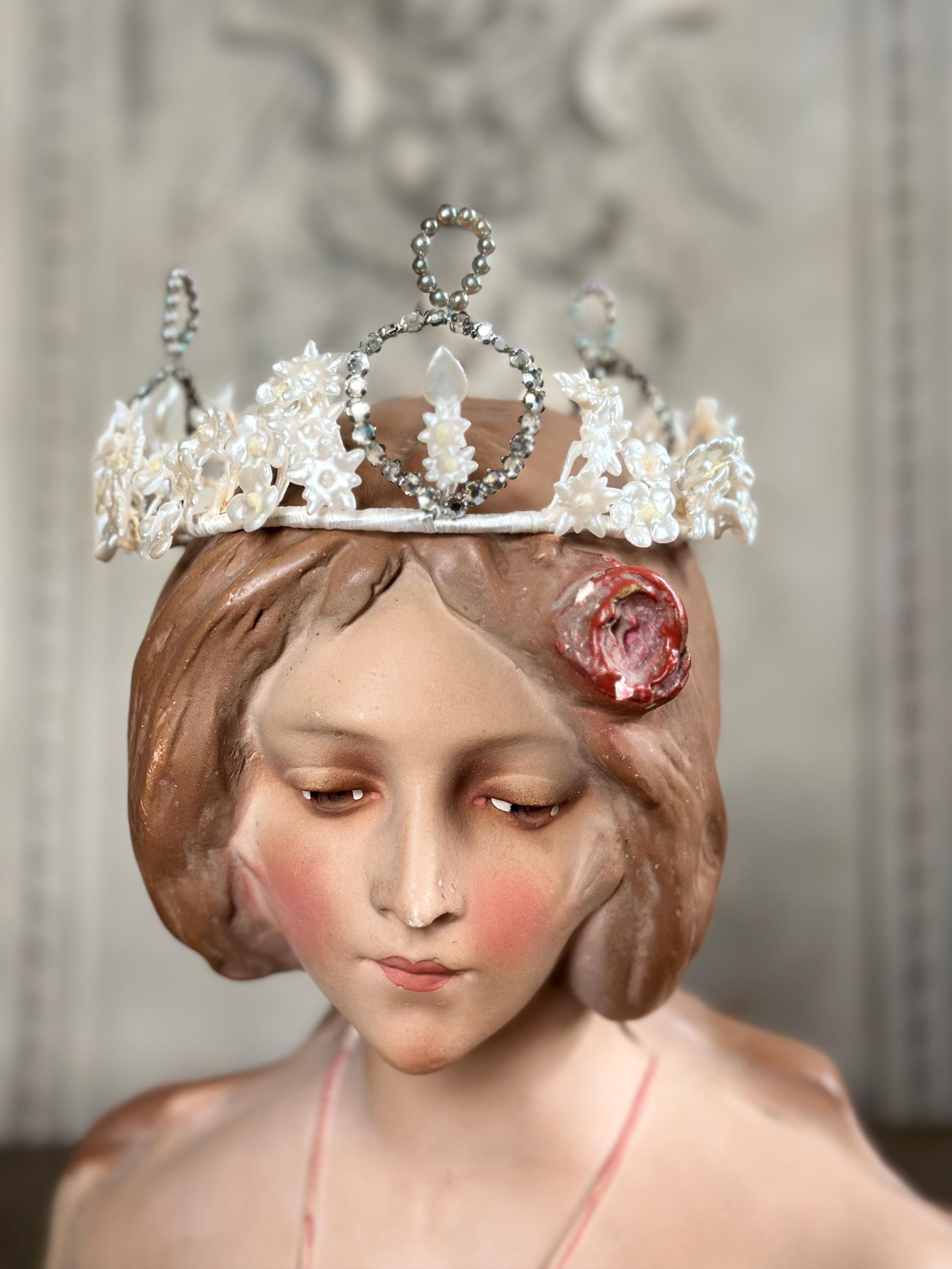 1910s 1920s Wax Elegant Handcrafted Pearl and Crystal wedding Tiara