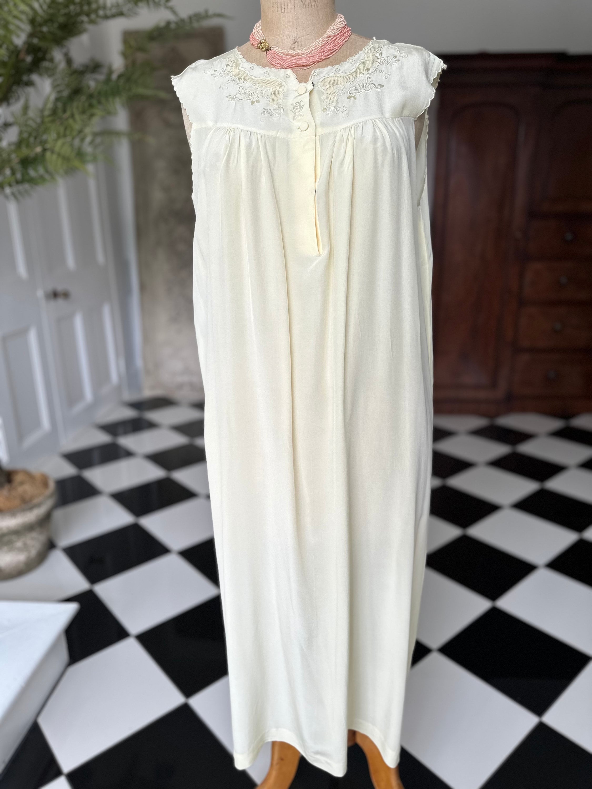 Vintage cream silk smock style long slip dress with hand embroidery