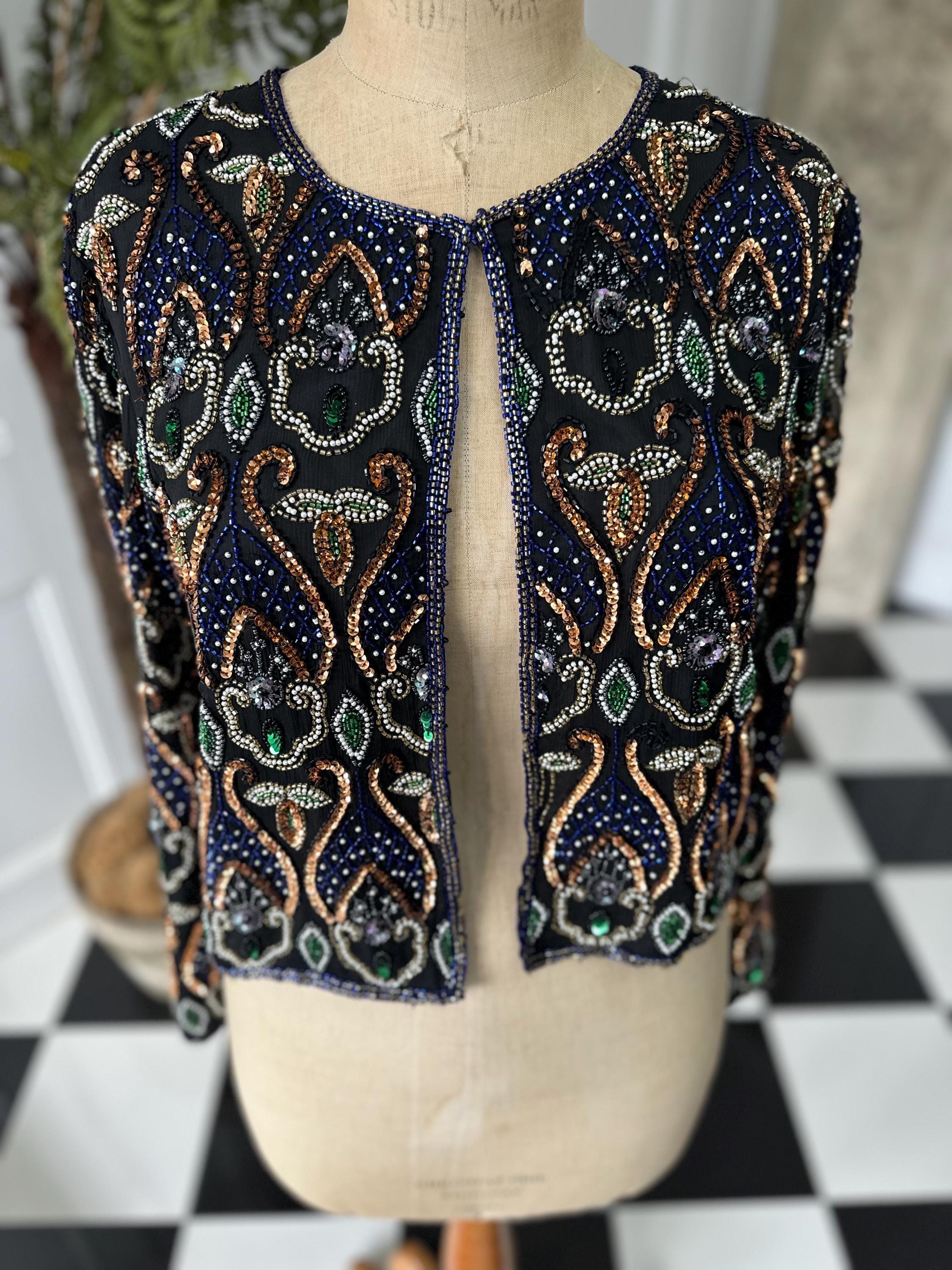 1980 Silk jacket with blue bronze pearl sequin long sleeve