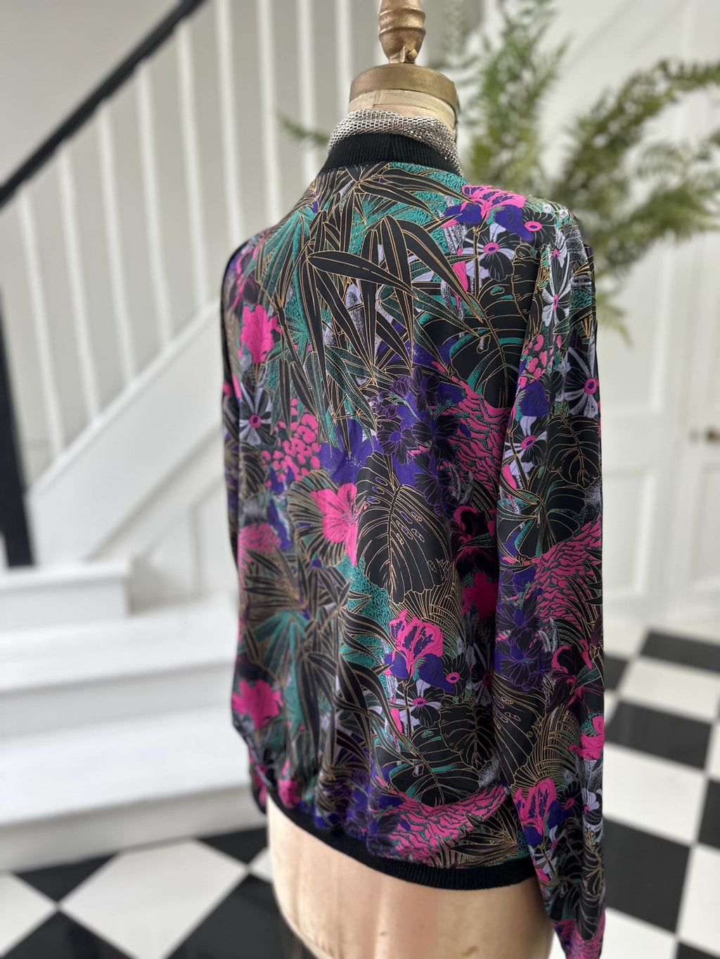1980s Black Blouse Cardigan with Tropical Pattern