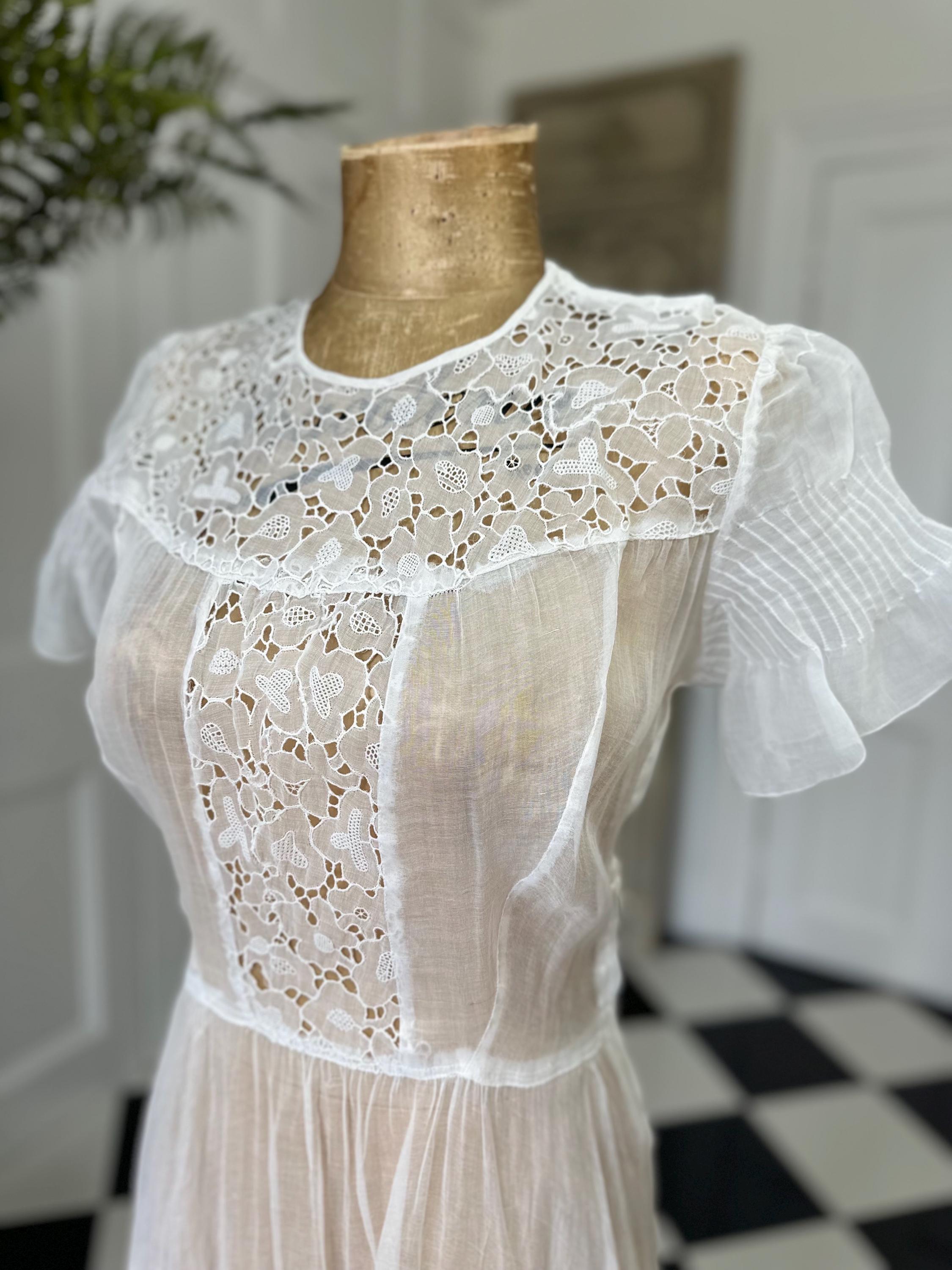 1940s white organdie cutout lace dress
