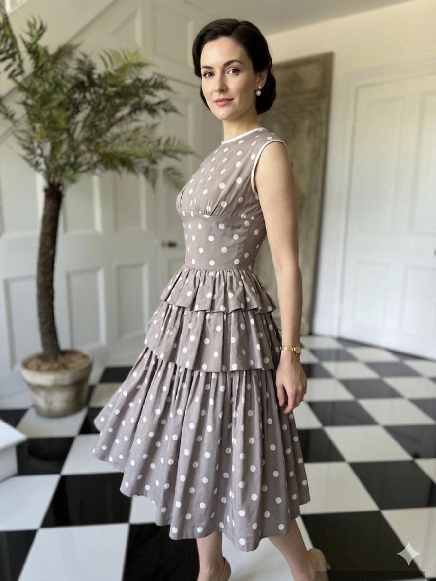 1950s mink and  white  silk tafetta polka dot ruffle skirt dress