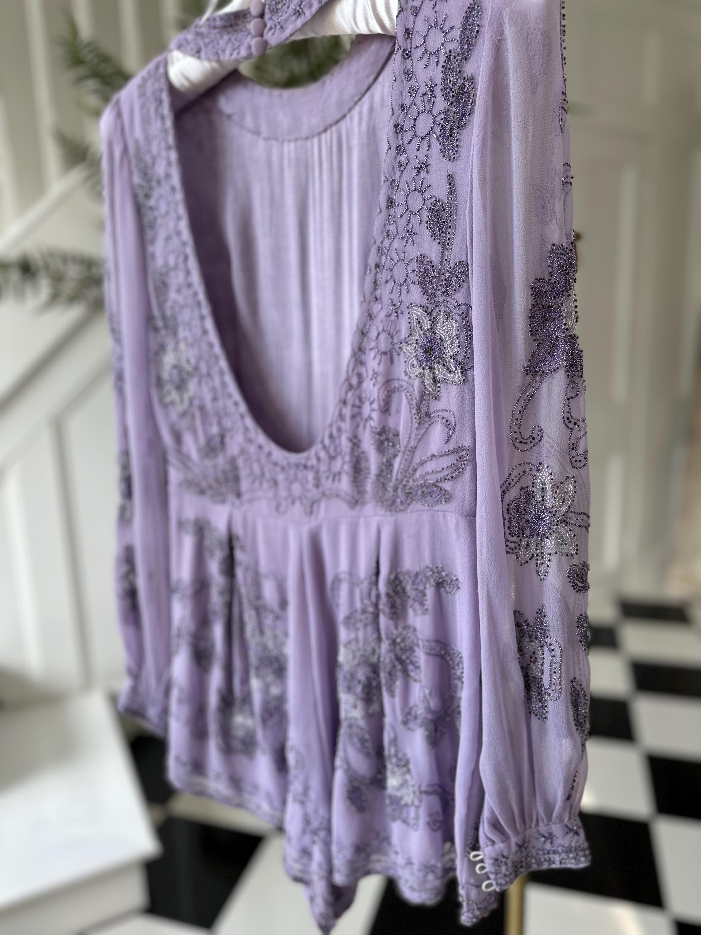 Vintage chiffon Lavender Beaded Floral Romper with Open Back and Long Sleeves