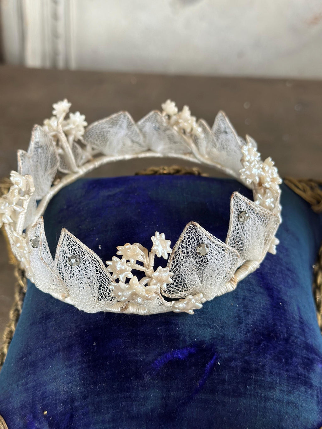 Antique 1940s  Floral Wax Tiara with tulle