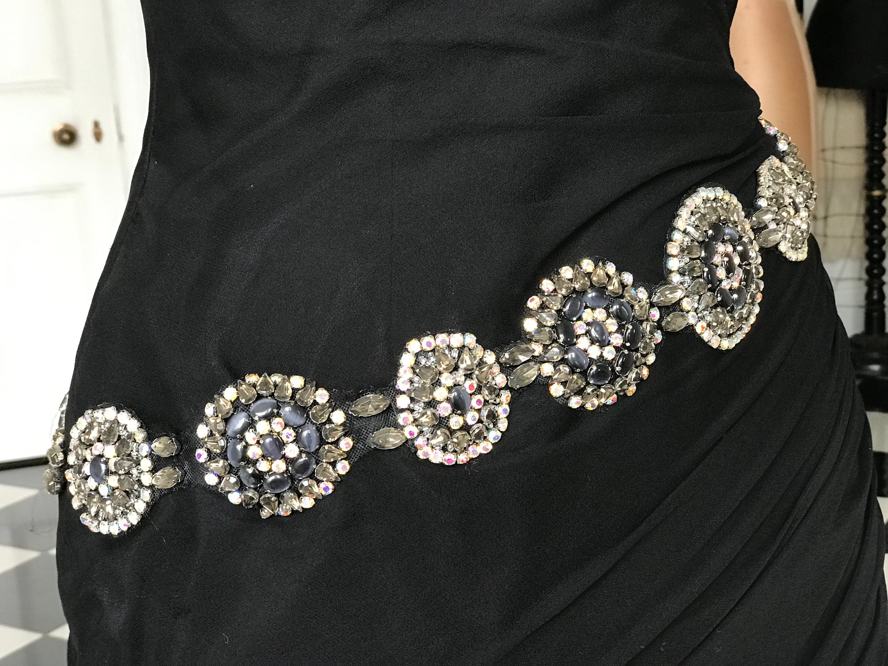 Vintage 1980s long black silk crepe mermaid style  party dress with embellishment and ruffles