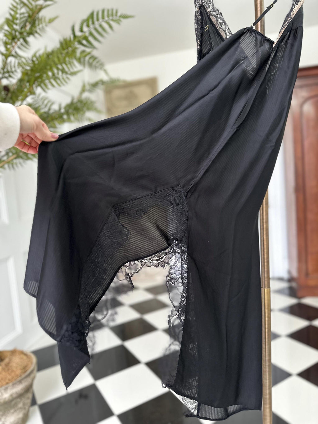 Vintage style black plunge neck lace slip dress Pierre Cardin. Extra small size