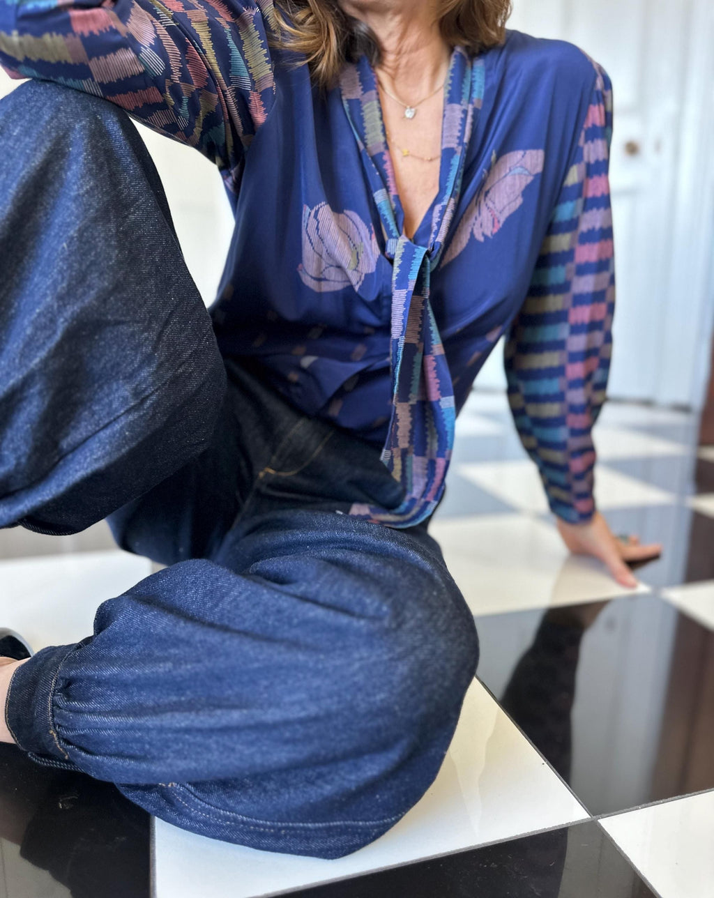 Vintage blue bussybow long sleeve blouse geometric print design