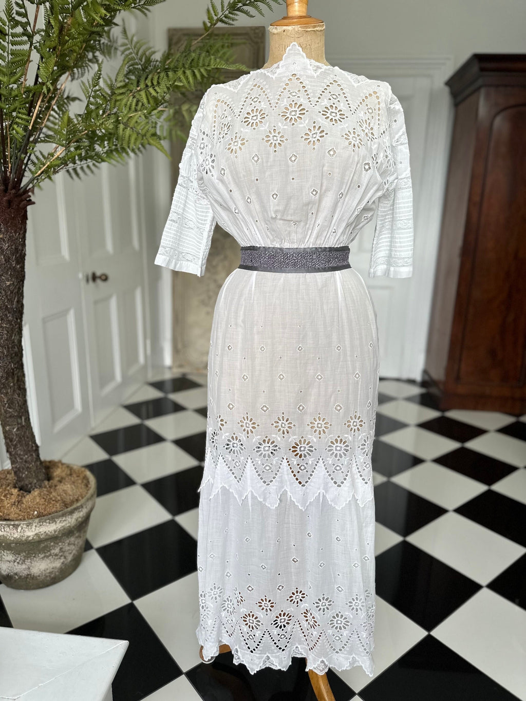 Antique Edwardian white broderie anglaise cotton lawn dress hand embroidered details.