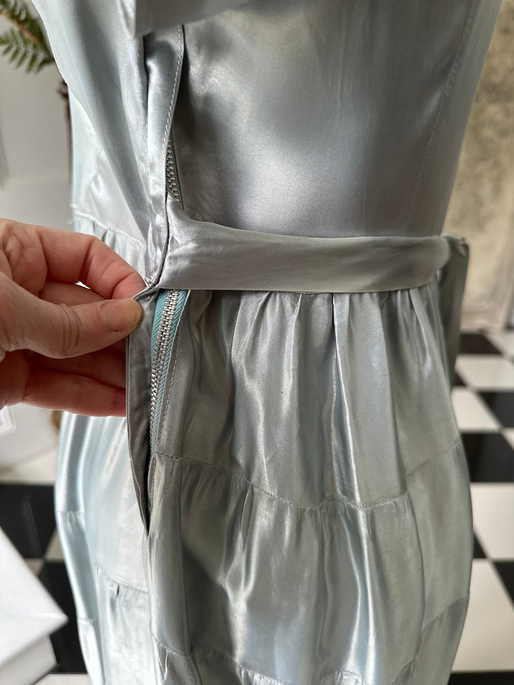 1930s long satin grey evening gown dress