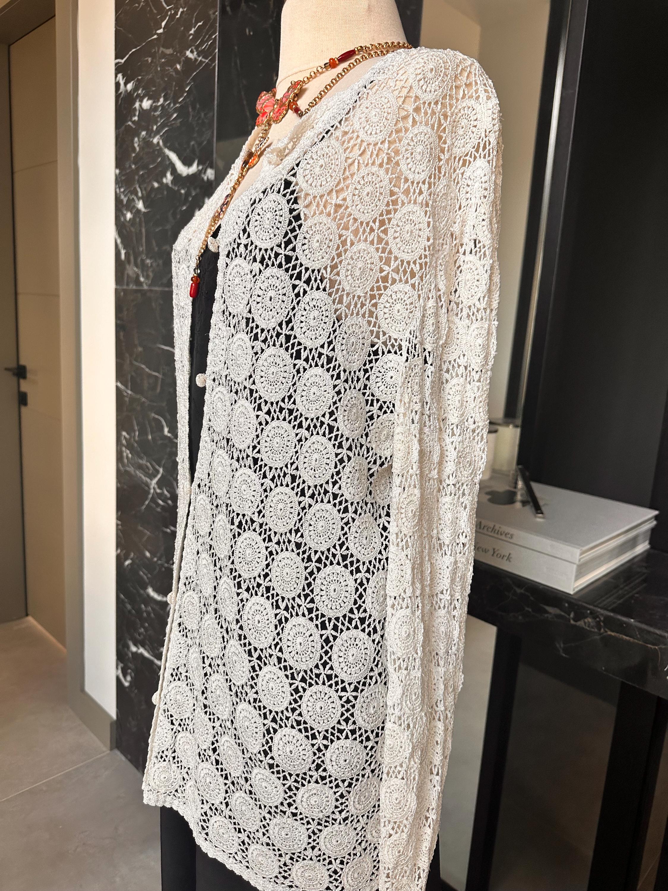 Hand Crocheted White Cardigan – Boho Medallion Lace Jacket, Cotton Blend Summer Knitwear