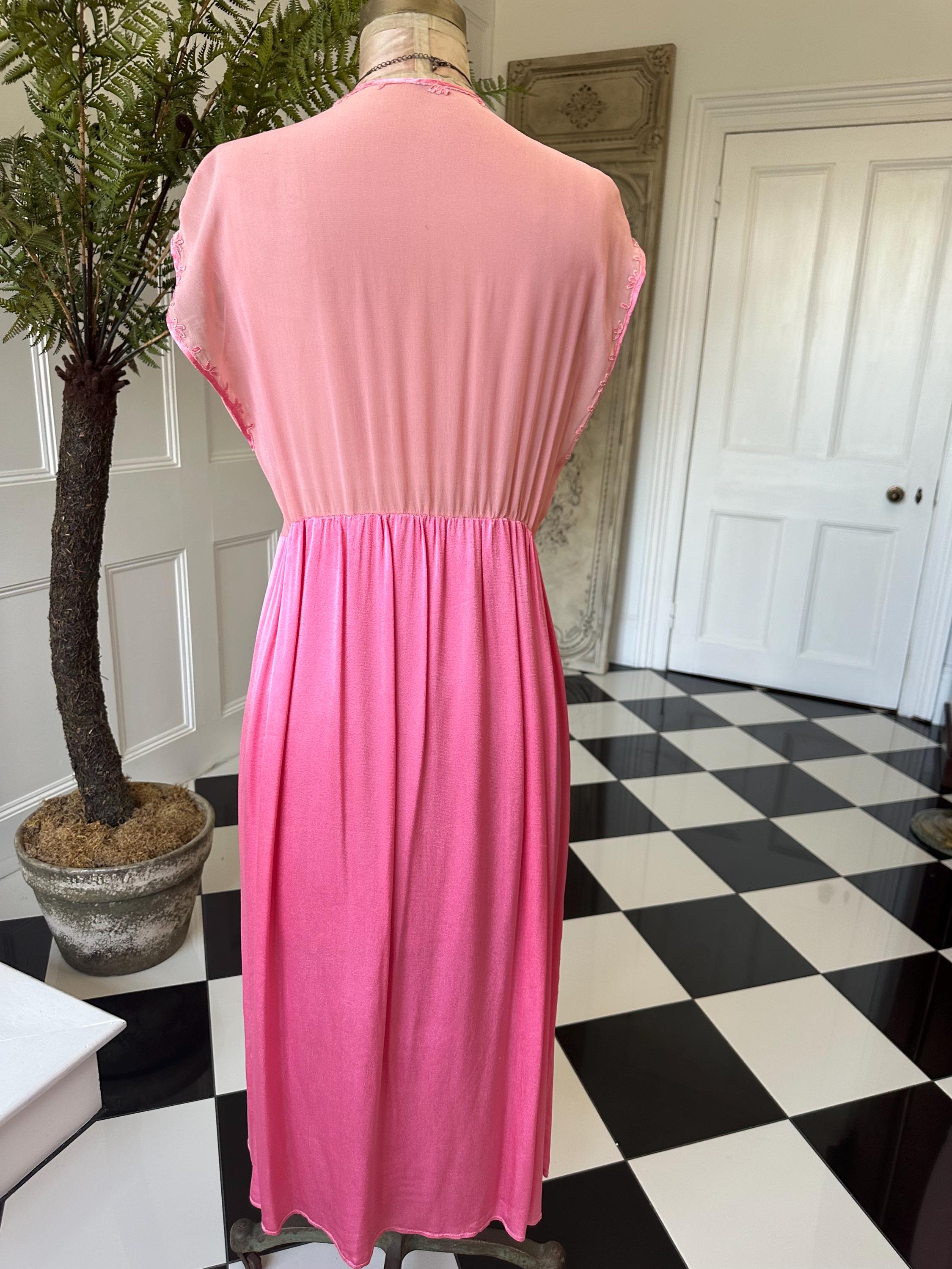 1940s silk satin and chiffon hot pink hand embroidered slip dress