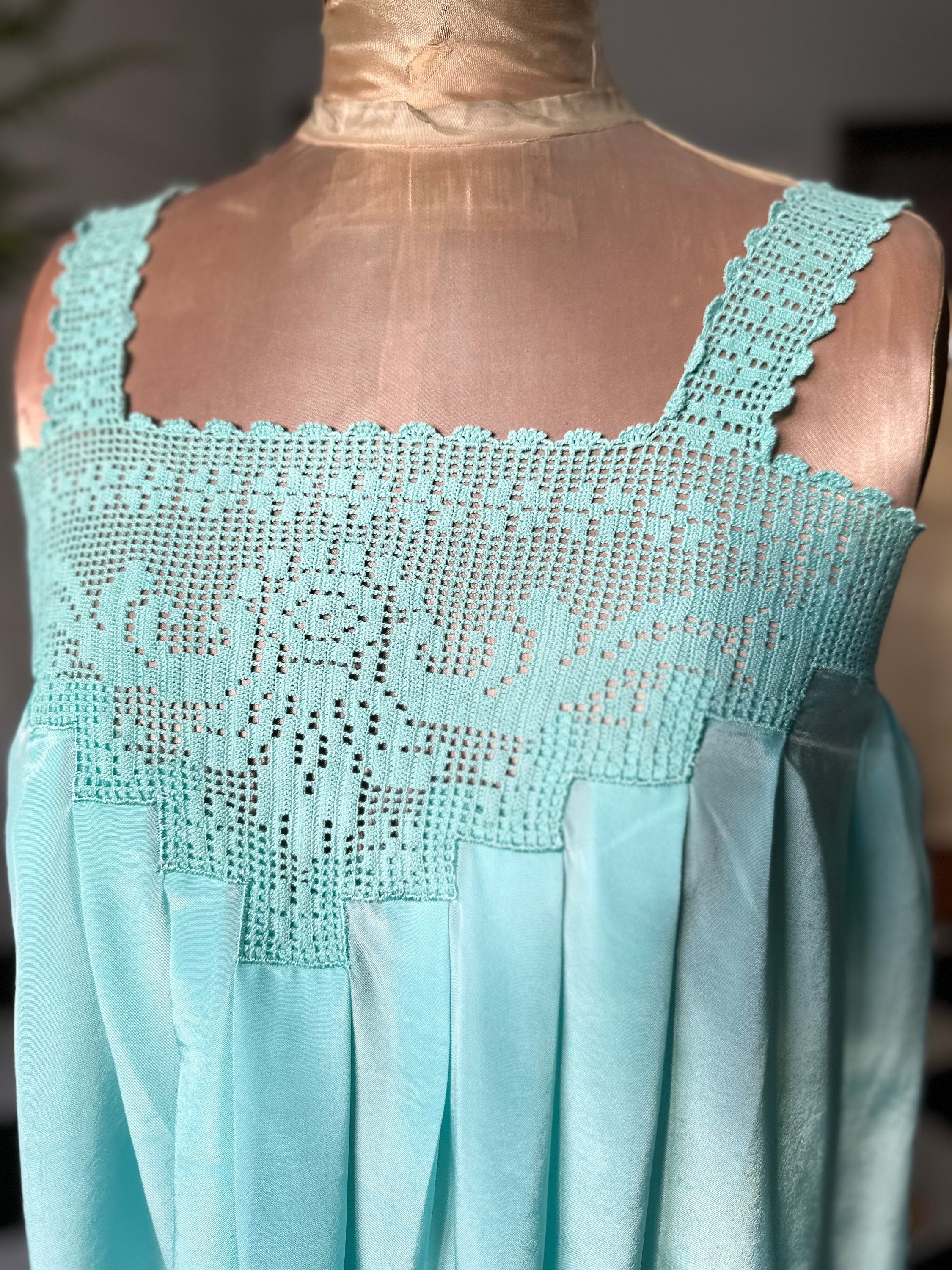 Vintage 1970s loose silky long slip dress hand crochet lace details
