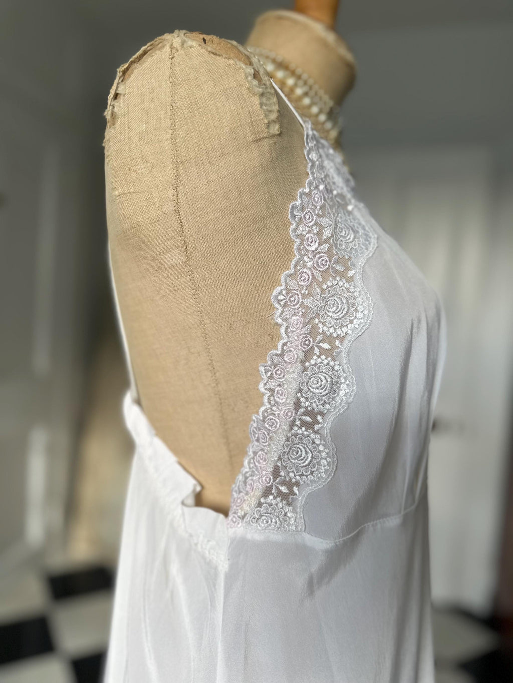 Vintage 1970s  White Silky Slip Gown | Deep V Floral Lace Inset Bridal Nightgown