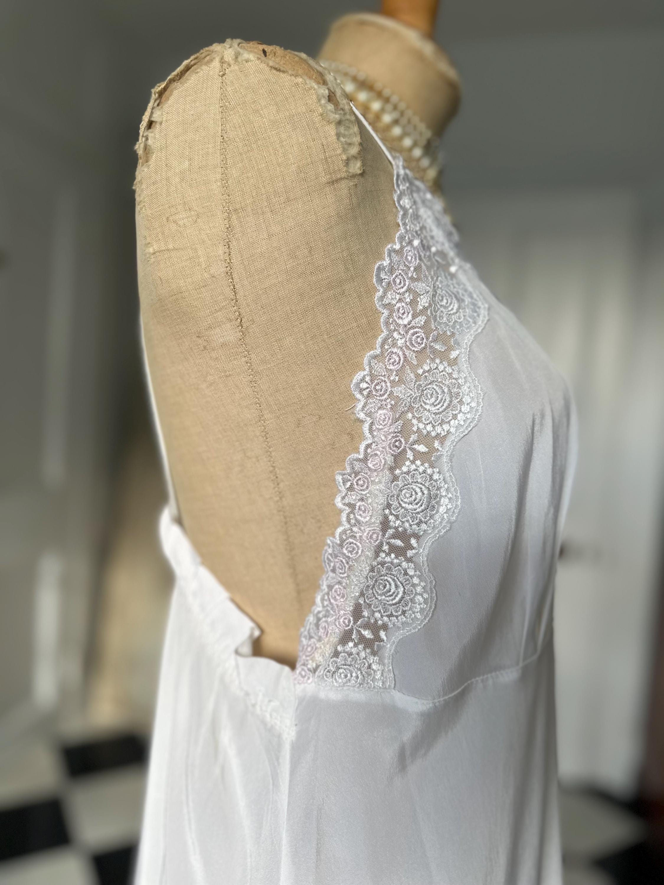 Vintage 1970s  White Silky Slip Gown | Deep V Floral Lace Inset Bridal Nightgown